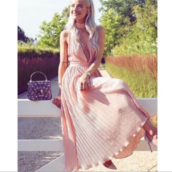 NBD X Revolve Plunging V-Neck Sleeveless Pleated Midi Dress - Blush Pink ~ XS - Picture 4 of 14